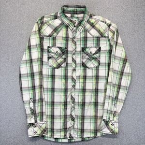 BKE Button Up Shirt Men’s M Green White Black Plaid Distressed Western Y2K